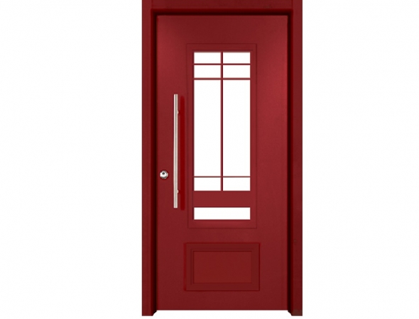 דלת כניסה מעוצבת אדומה המשלבת אלמנטים דקורטיביים מאלומיניום וחלונות מסורגים לצד ביטחון. דלת בעלת גימור חיצוני יוקרתי בצביעה אלקטרוסטטית בצבעים אפוקסיים מגורענים במבחר גוונים.