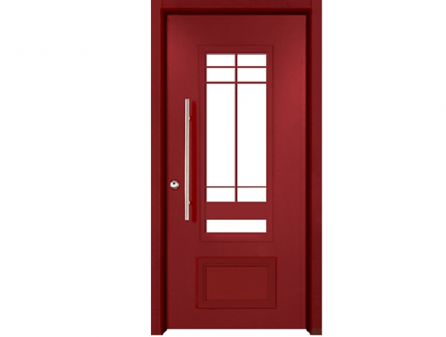 דלת כניסה מעוצבת אדומה המשלבת אלמנטים דקורטיביים מאלומיניום וחלונות מסורגים לצד ביטחון. דלת בעלת גימור חיצוני יוקרתי בצביעה אלקטרוסטטית בצבעים אפוקסיים מגורענים במבחר גוונים.