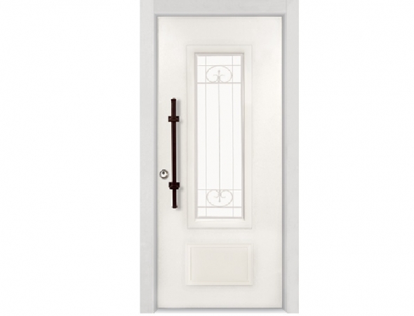 דלת כניסה מעוצבת המשלבת אלמנטים דקורטיביים מאלומיניום וחלונות מסורגים לצד ביטחון. דלת בעלת גימור חיצוני יוקרתי בצביעה אלקטרוסטטית בצבעים אפוקסיים מגורענים במבחר גוונים