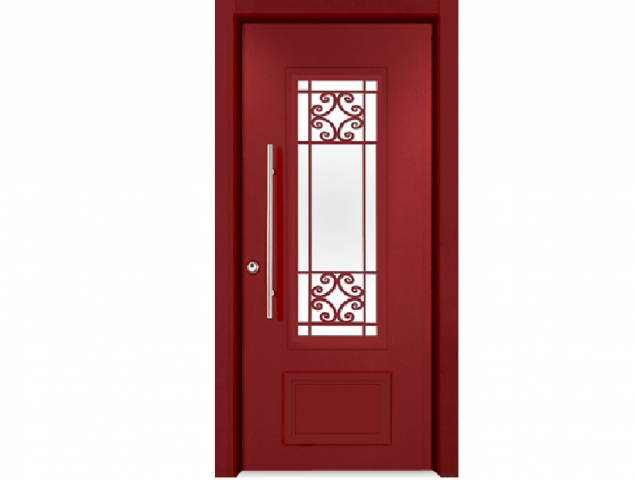 דלת כניסה מעוצבת המשלבת אלמנטים דקורטיביים מאלומיניום וחלונות מסורגים לצד ביטחון. דלת בעלת גימור חיצוני יוקרתי בצביעה אלקטרוסטטית בצבעים אפוקסיים מגורענים במבחר גוונים.