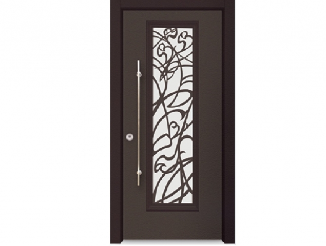 דלת כניסה מעוצבת המשלבת אלמנטים דקורטיביים מאלומיניום וחלונות מסורגים לצד ביטחון. דלת בעלת גימור חיצוני יוקרתי בצביעה אלקטרוסטטית בצבעים אפוקסיים מגורענים במבחר גוונים.