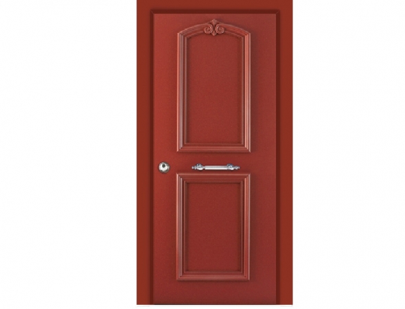 דלת כניסה מעוצבת אדומה, המשלבת אלמנטים דקורטיביים מאלומיניום וחלונות מסורגים לצד ביטחון. דלת בעלת גימור חיצוני יוקרתי בצביעה אלקטרוסטטית בצבעים אפוקסיים מגורענים במבחר גוונים.