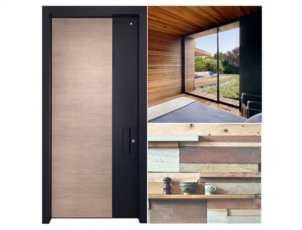 דלת עץ בשילוב צבע שחור. שילוב של חומרים בהתאמה אישית לפי עיצוב הבית