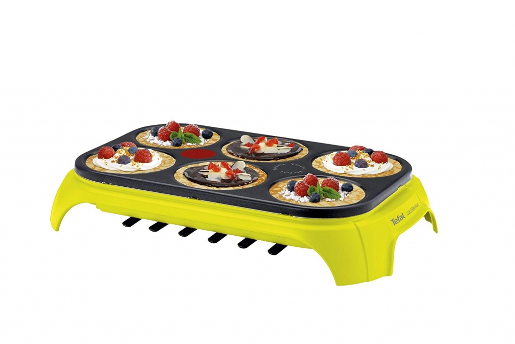 CREP PARTY מכשיר הכנת פנקייק Tefal דגם PY559312 | הכנה בו זמנית של 6 חביתיות או מיני פנקייקס| גודל חביתיה: 12 ס"מ | 6 מריות ומצקת פלסטיק.